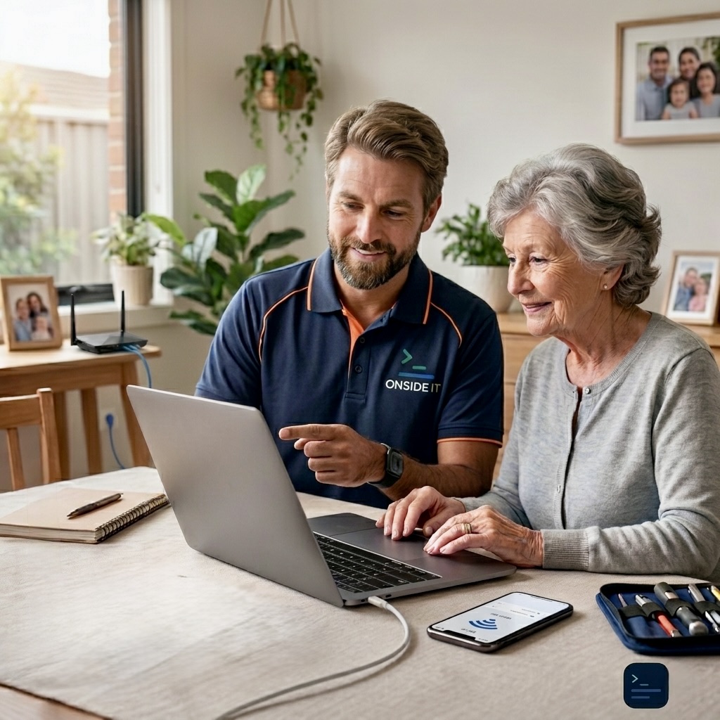 Onside IT technician helping a Sydney home user with their laptop